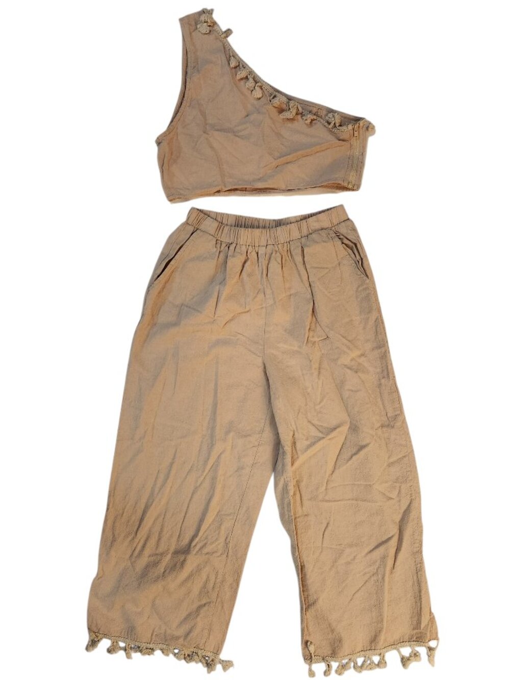 Shein Two Piece Crop Top Wide Leg Pants Size Petite S Tan One Shoulder